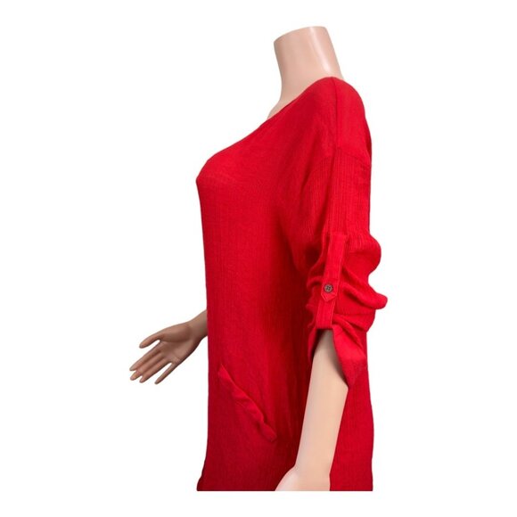 Umgee Women SZ M- Red Woven Knit Top Tunic Pullover Roll Tap Sleeve Faux Pockets - Picture 8 of 15